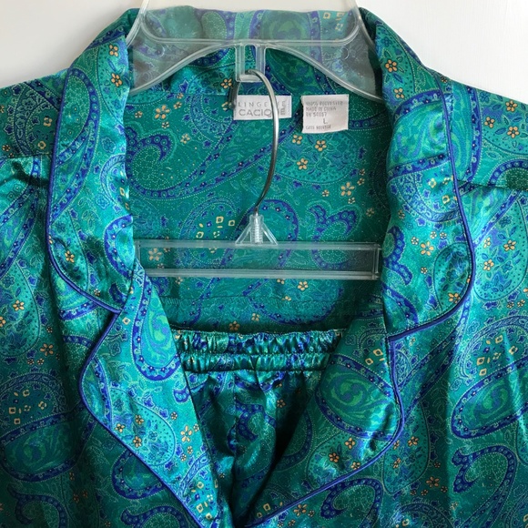 CACIQUE LINGERIE Satin Paisley Pajamas Green 2 Piece Sleep Set Womens Size Large - Picture 2 of 16